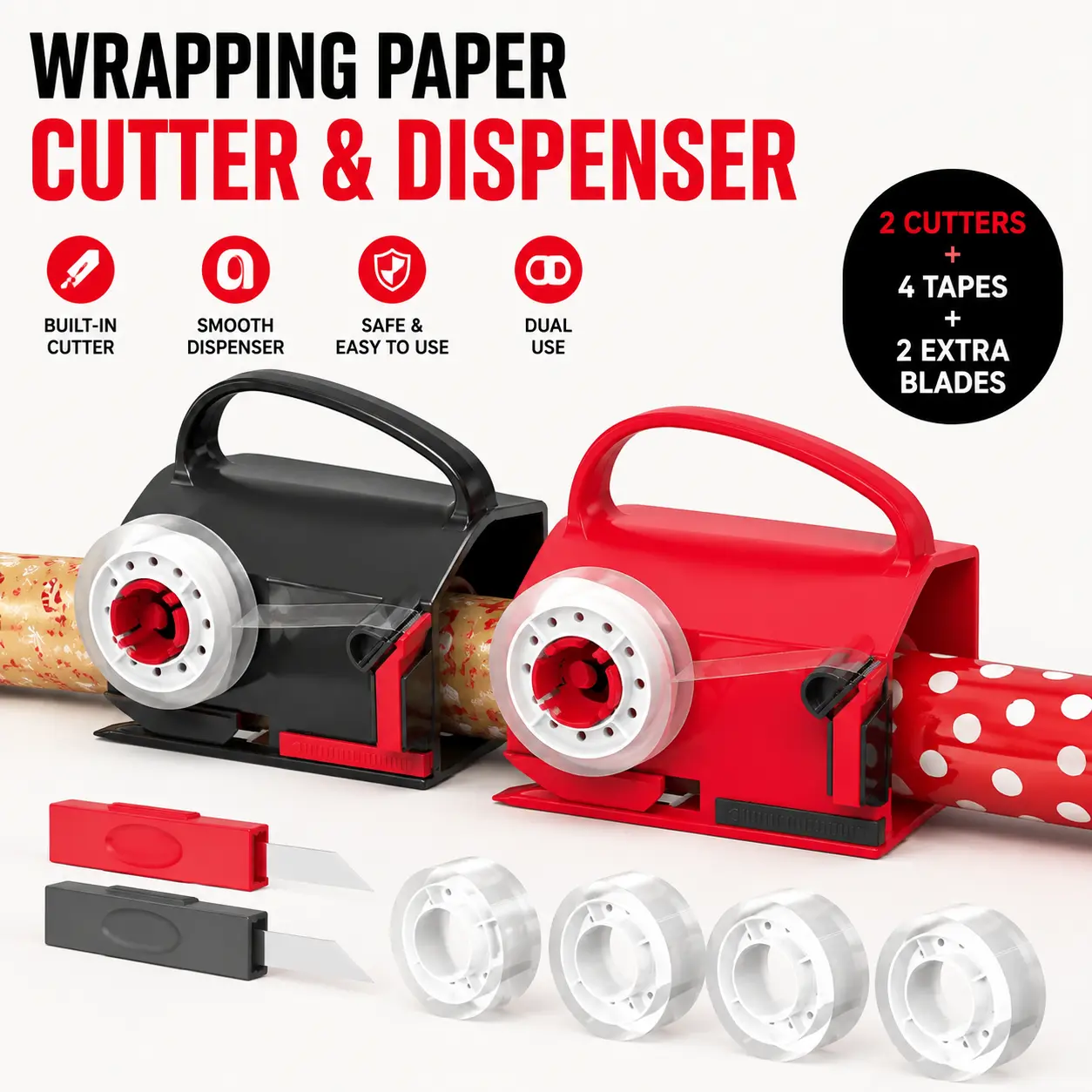 DHG 2 Pack Household Dual-Use Paper Cutter & Tape Dispenser Tool Kit, Sliding Wrapping Roll Slicer with 4 Rolls Tape & 2 Replacement Blades for Family Holiday Gift Packaging