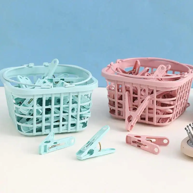30Pcs Plastic Clothes Pegs with Basket Storage Organizer Quilt Towel Clips Spring Cabides Hanger Laundry Clothespin Clothes Pins