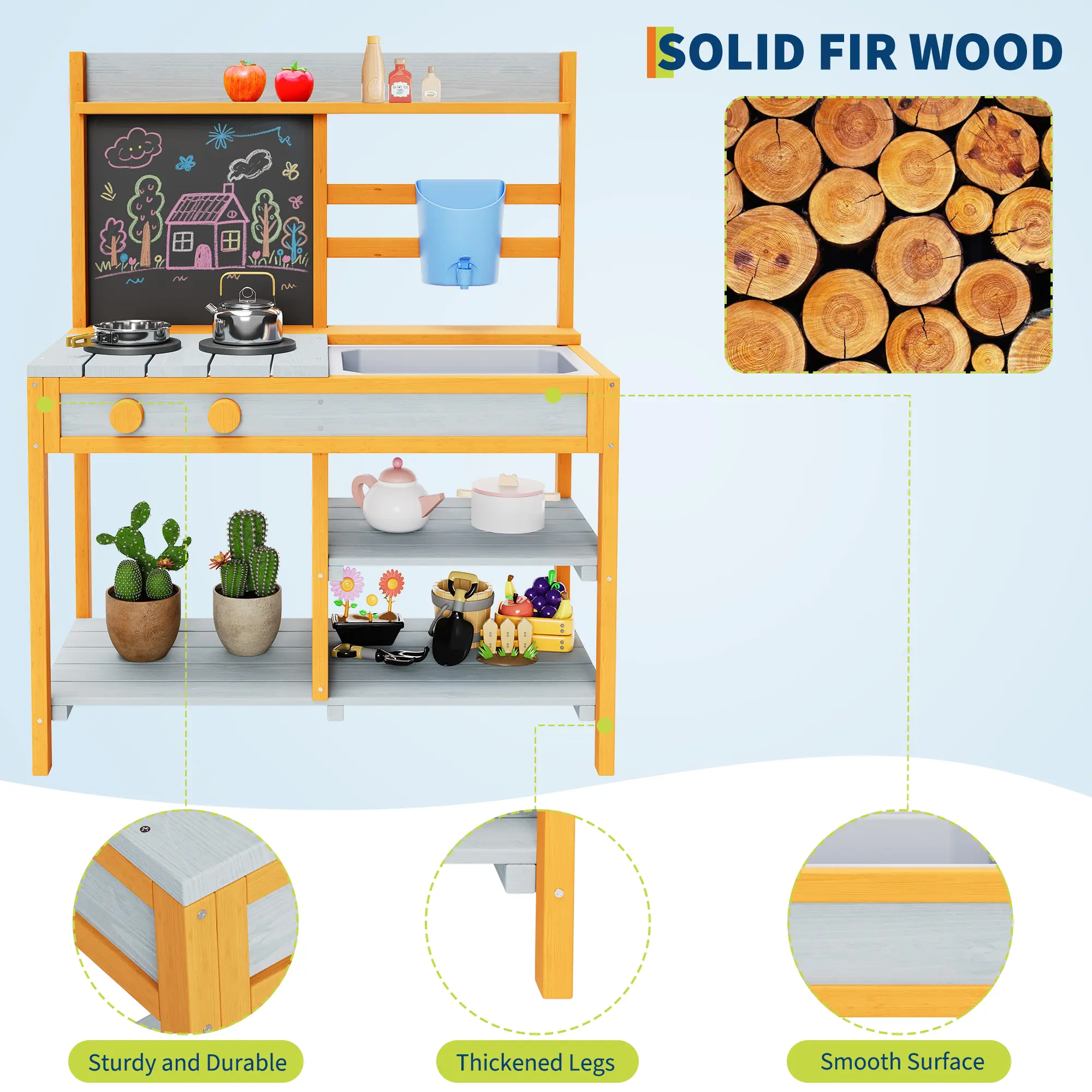 Mud Kitchen for Kids Outdoor, Wooden Play Kitchen Set with Removable Sink & Faucet, Chalkboard & Storage Shelves, Outdoor Play Kitchen Toys for Toddlers Ages 4-8 Backyard Garden Playset