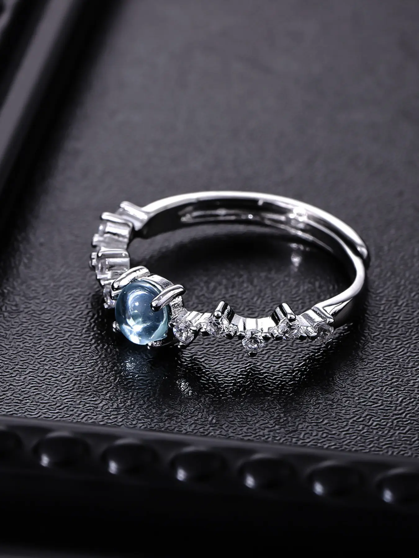 Adjustable Moonstone Ring for Women, Blue Opal Open Band Ring, Beautiful Rings, Sparkling Cubic Zirconia Statement Jewelry, Birthday Anniversary Gift
