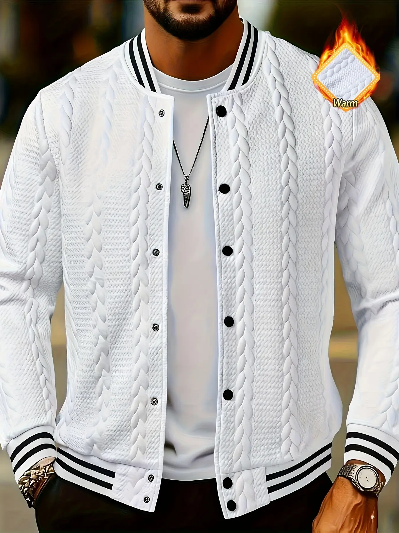 Men's Baseball Jacket, Casual, Knit Pattern Fleece Lined, Slim Fit, Fashionable and Stripes, Fall Winter Outerwear, Coats