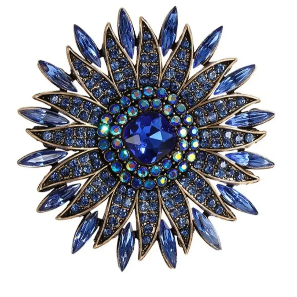 Vintage Blue Crystal Sunflower Brooch Multi Layer Marquise Rhinestone Antique Bronze Floral Lapel Pin Wedding Coat Jewelry Gift