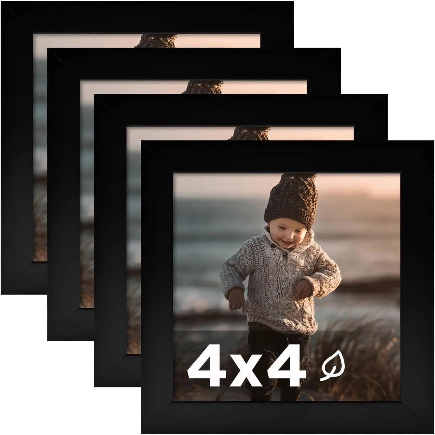 4x4 Wooden Square Photo Frames Set of 4 - Black Picture Frame with Plexiglass, No Mat Required, Fits 4x4 Photos for Tabletop and Wall Display