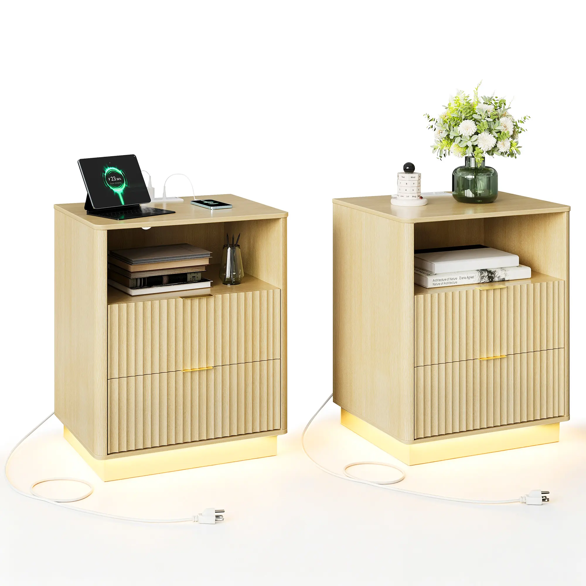 IdealHouse 2-Piece Modern Fluted Wooden Nightstands with LED Lighting, Charging Station, 2 Drawers, USB & Type-C Ports, White Finish, Multifunctional Side Tables for Bedroom & Living Room, Nightstand, Usb Ports