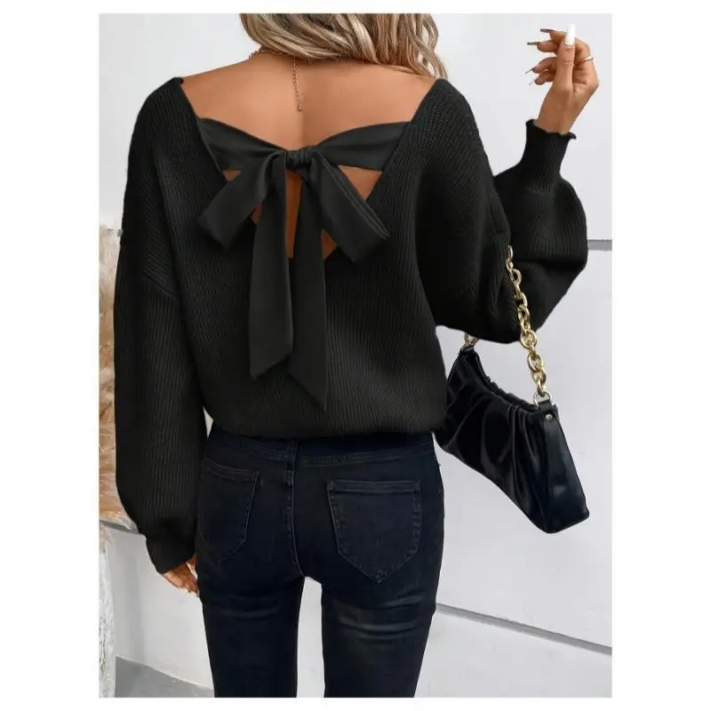 Tie Back V Neck Sweater, Backless Long Sleeve Sweater Fall & Winter, Women's Clothing