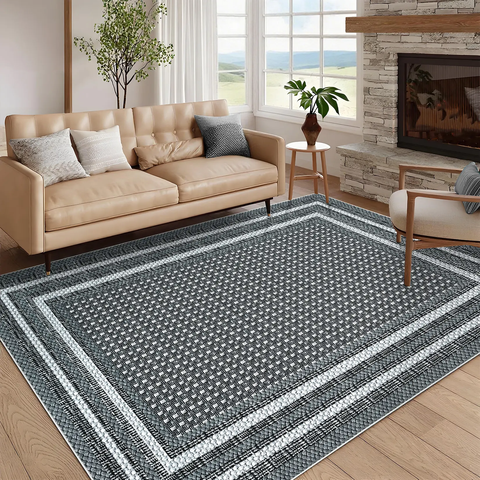Washable Modern Area Rug - Ultra Thin Non-Slip Low Pile Carpet, Soft, Mark Resistant, Non-Shedding, Collapsible, Large Home Decor Mat