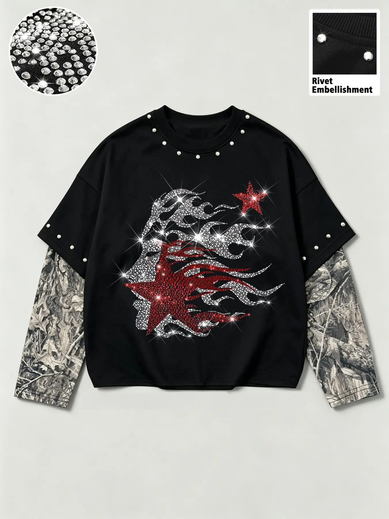 Men's Punk Rock Rivet Fake Two-Piece Long Sleeve T-Shirt, Glitter Rhinestone Flame Side Face Star Print Camo Sleeves, Loose Fit