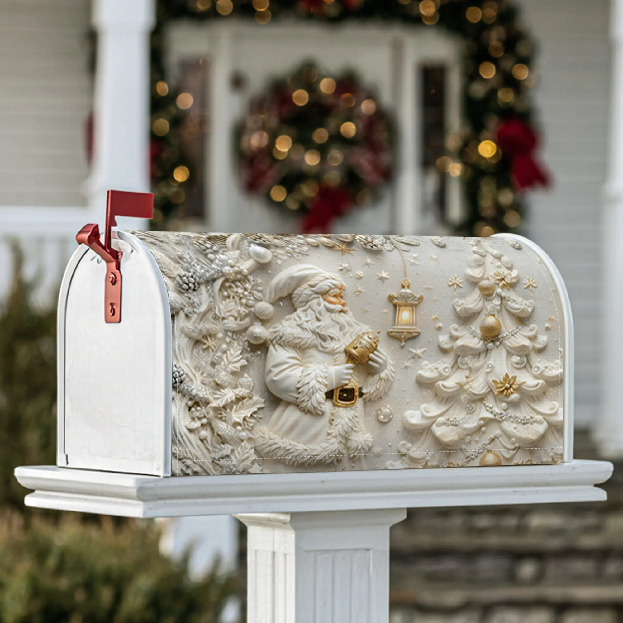 Santa Claus Magnetic Mailbox Covers, Christmas festive Christmas tree lantern Christmas white Mail Box Cover for Front Door Decor