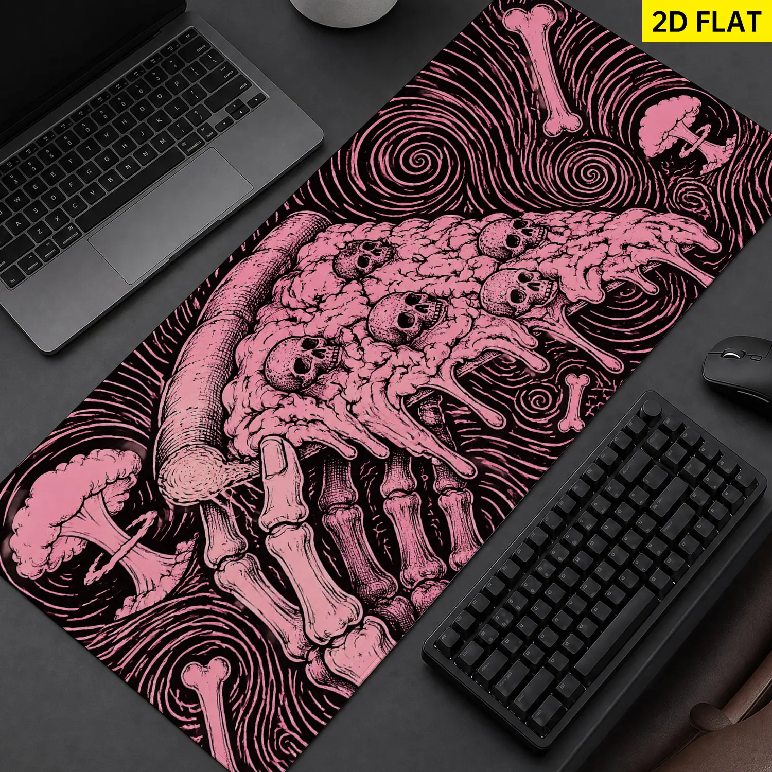 3D Banana Design Surreal Skull Pizza Art Mouse Pad, Extra Large 27.5*11.8in(70x30cm) Non-Slip Rubber Base Desktop Pad with Stitched Edges, Precise Control Washable for Gamers, Home Office Protection & Gift