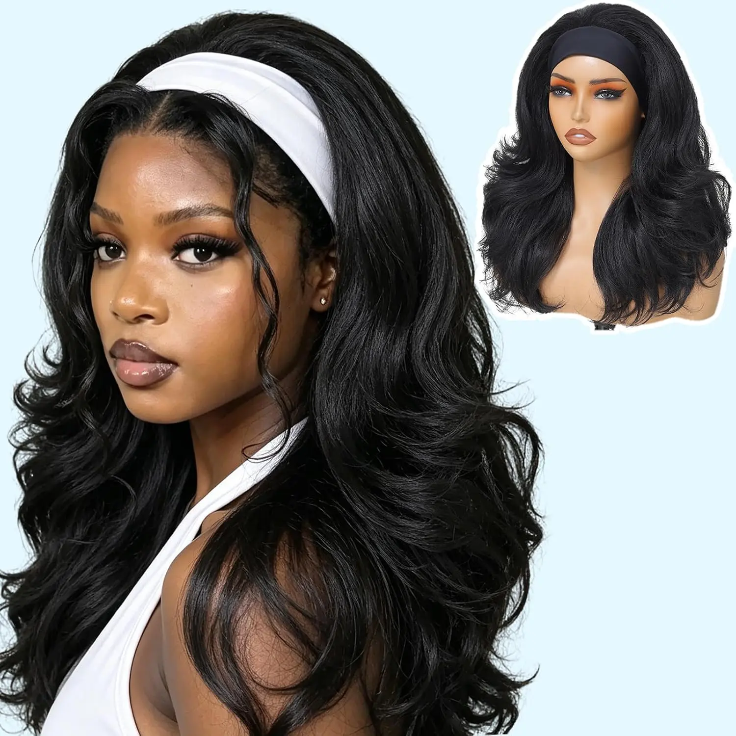 Black Headband Detroit Layers Wigs for Women Long Wavy 16 Inch Glueless Half Wig Loose Wave Synthetic Hair 200% Density Yaki Curly with Curly Ends  Black Wear and Go Headband Wig