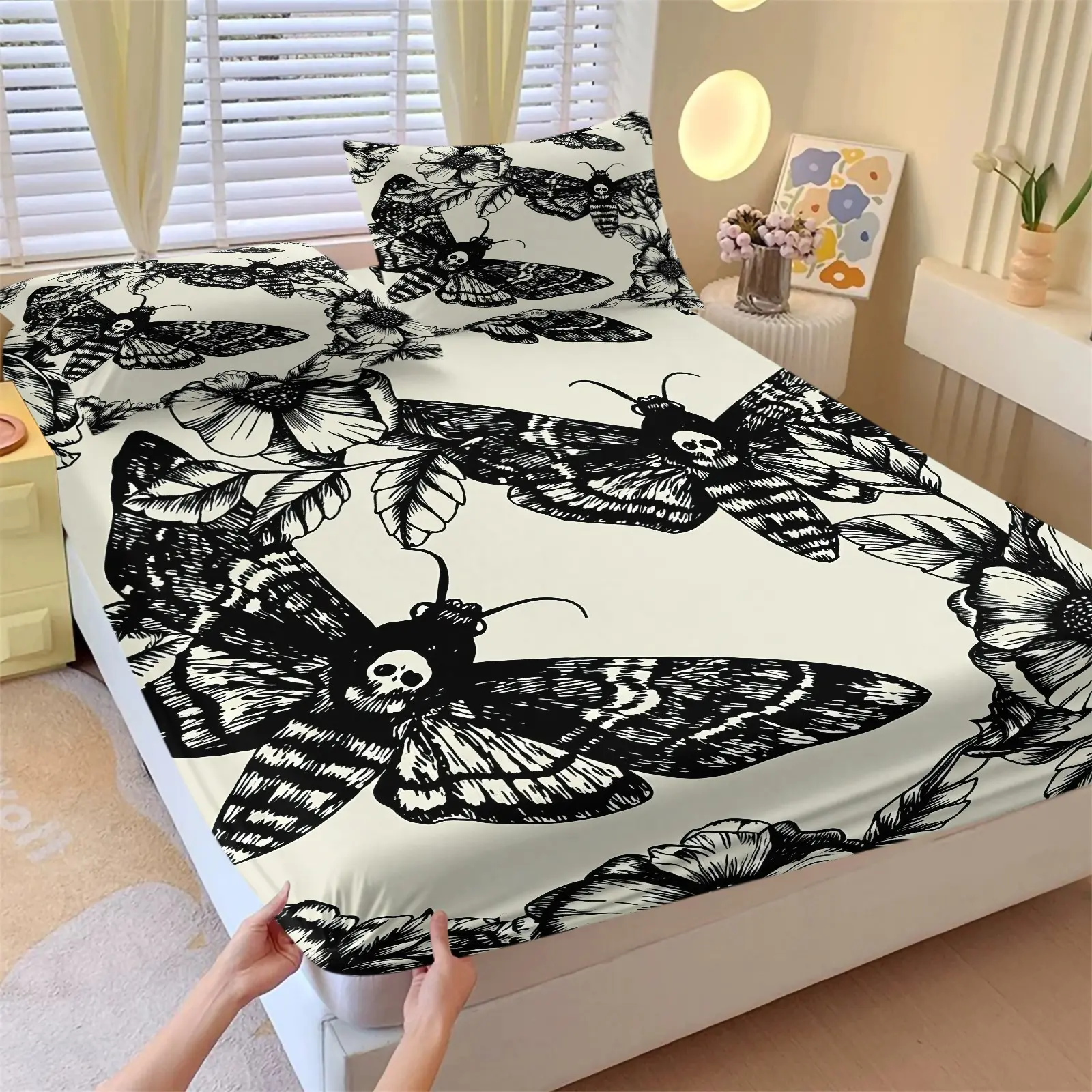 3-Piece Death Moth Fitted Sheet Set Twin Size Flower Goth Skull Moth Bedding Set with Deep Pocket Fitted Sheet + 2 Pillowcase Halloween Theme Bed Sheet Set for Kids Boys Girls Room Decor