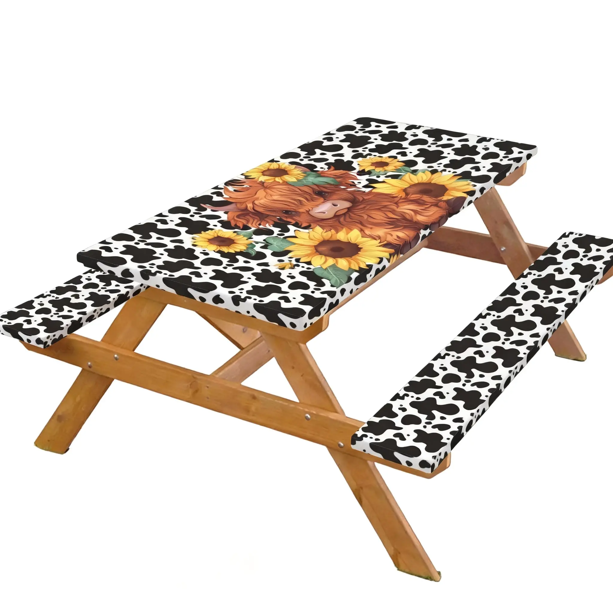 Picnic Table & Bench Cover Set 3 Piece 72”x30”, Elastic Windproof Waterproof Outdoor Table Protector, Highland Cow Sunflower Cow Print Background Design, Easy Clean for RV Cabin BBQ Outdoor Events