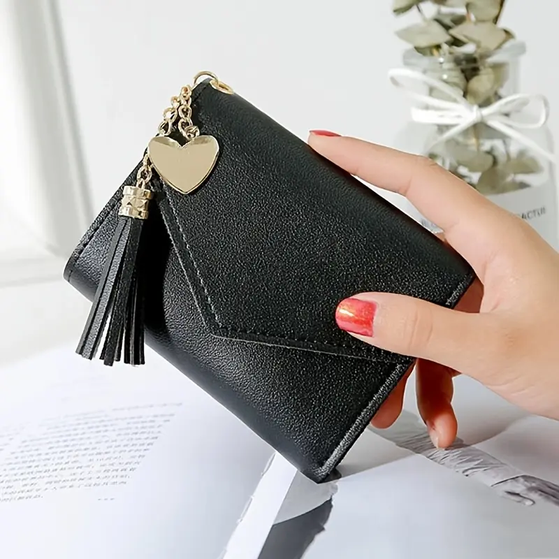 Fashion Simple Women's Compact Short Wallet, Casual Slim Tassel Bifold Purse, Portable Small Credit Card Organizer Holder for Women Teen Girls Daily Shopping Campus Travel Use Zipper Card Holder