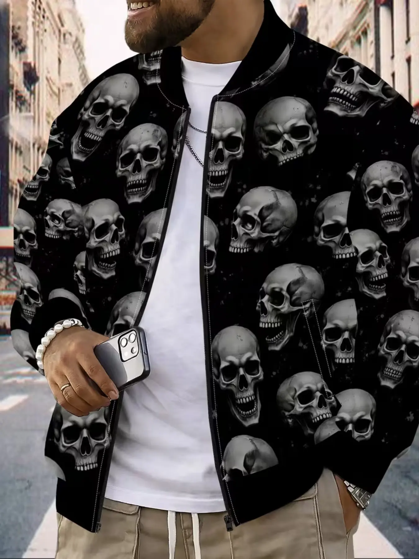 Men's Digital Print Skull Pattern Zipper Jacket, Trendy Casual Outerwear, Spring Autumn New Fashion Baseball Coat, Stylish and Unique Design