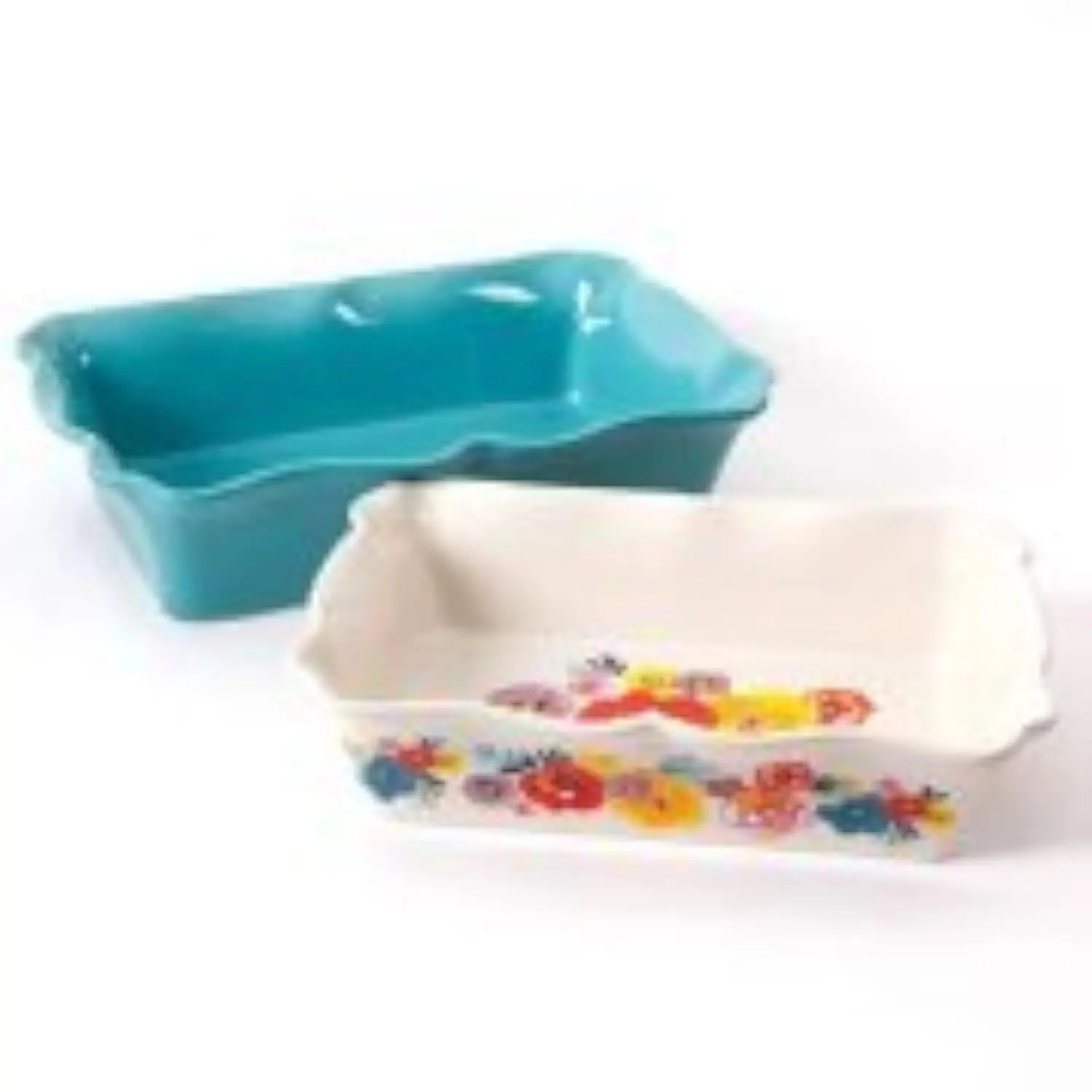 Rectangular Ruffle Top Ceramic Bakeware Set, Turquoise & Floral, 2-Piece
