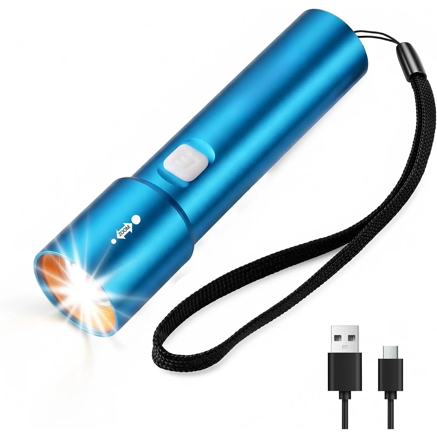 Small EDC Rechargeable Flashlight with 3 Modes-Blue 1 Pack | Mini Zoomable LED Flashlight with USB-C, 3 Modes Low/High/Strobe, Lanyard for , Camping, ,