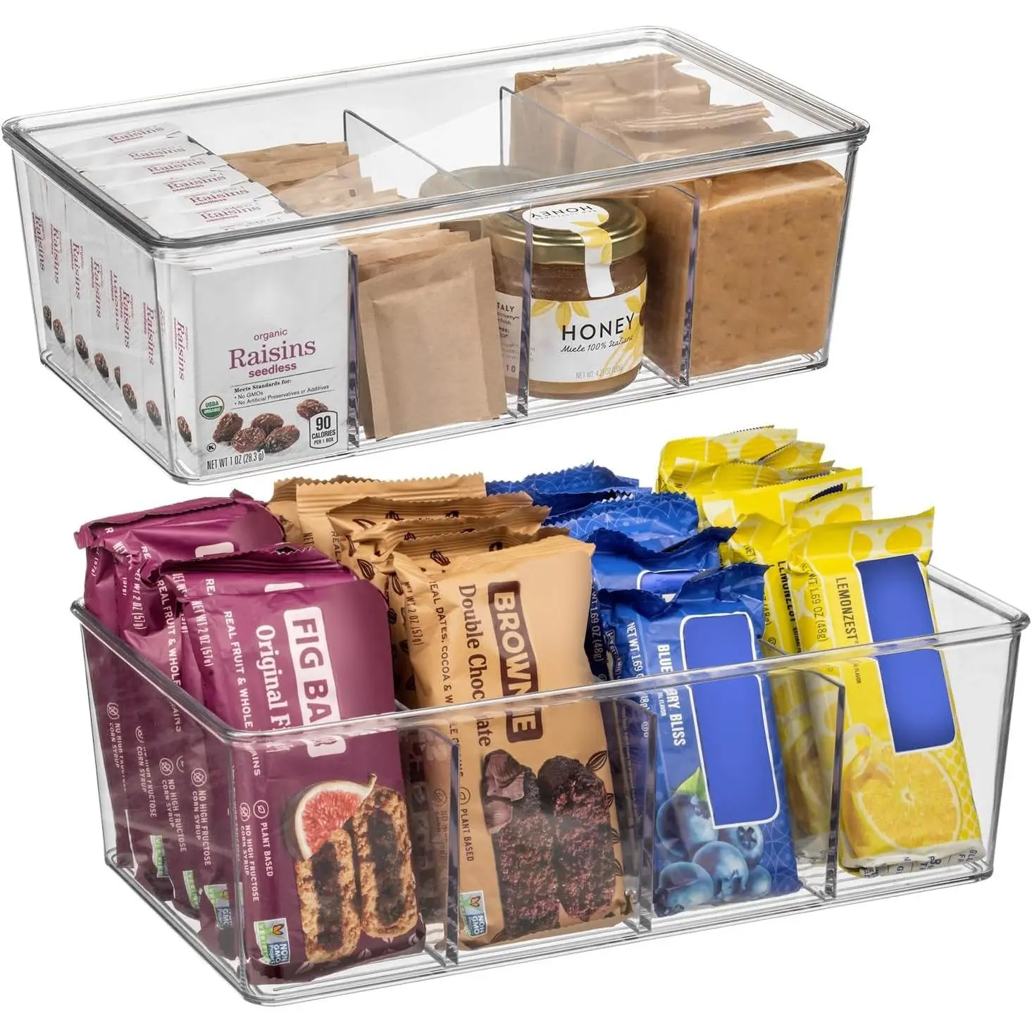 Pantry Organization and Storage Bins with Removable Dividers & Lids – Perfect Pantry Organizers or Kitchen Organization – Refrigerator Organizer Bins, Cabinet Organizers, 2 Pack