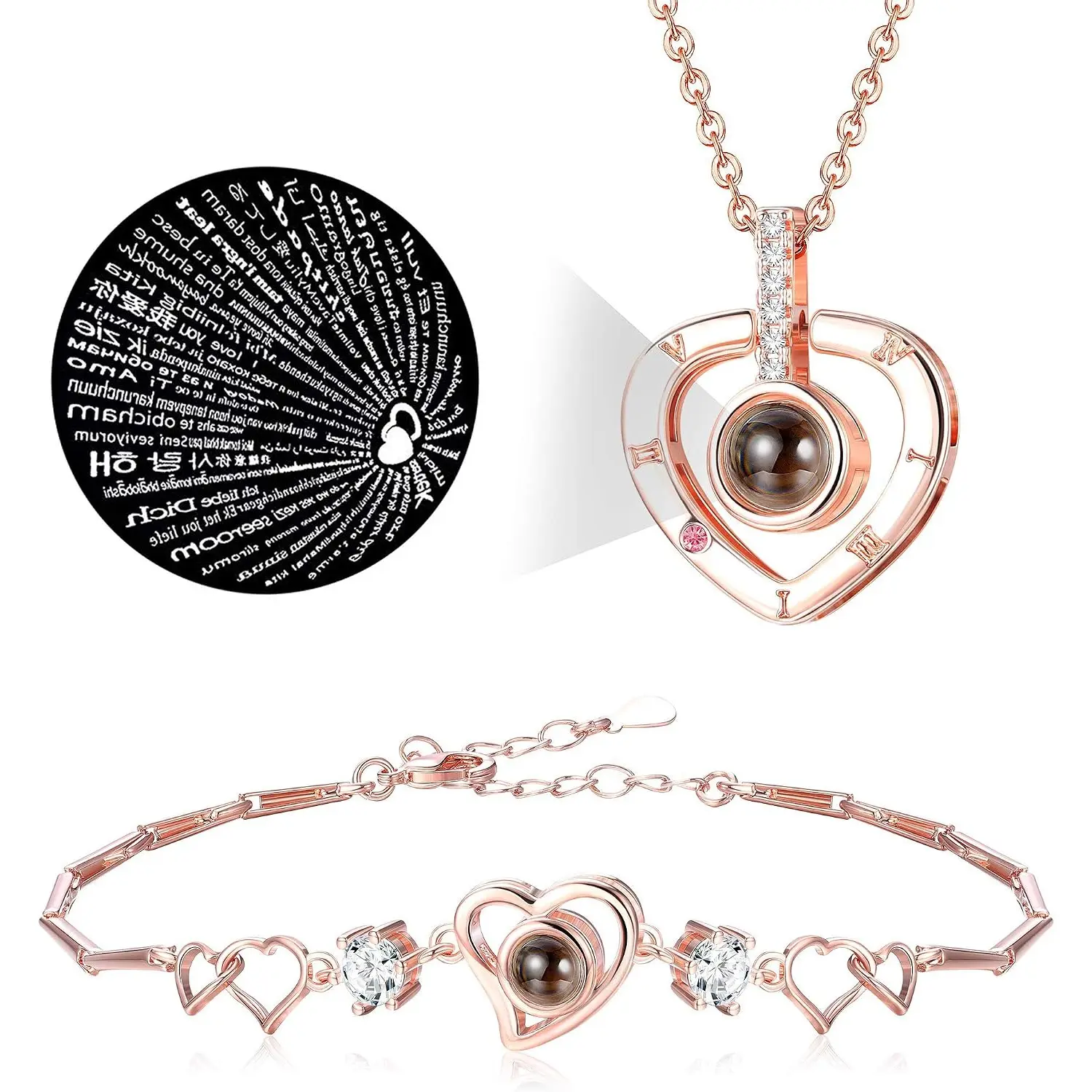 Women's 2-Piece Costume Jewelry Set - Necklace & Bracelet with 100-Language "I Love You" Heart-Shaped Projection Pendant, Casual Female Accessory, Romantic Daily Wear Gift, 100 Languages