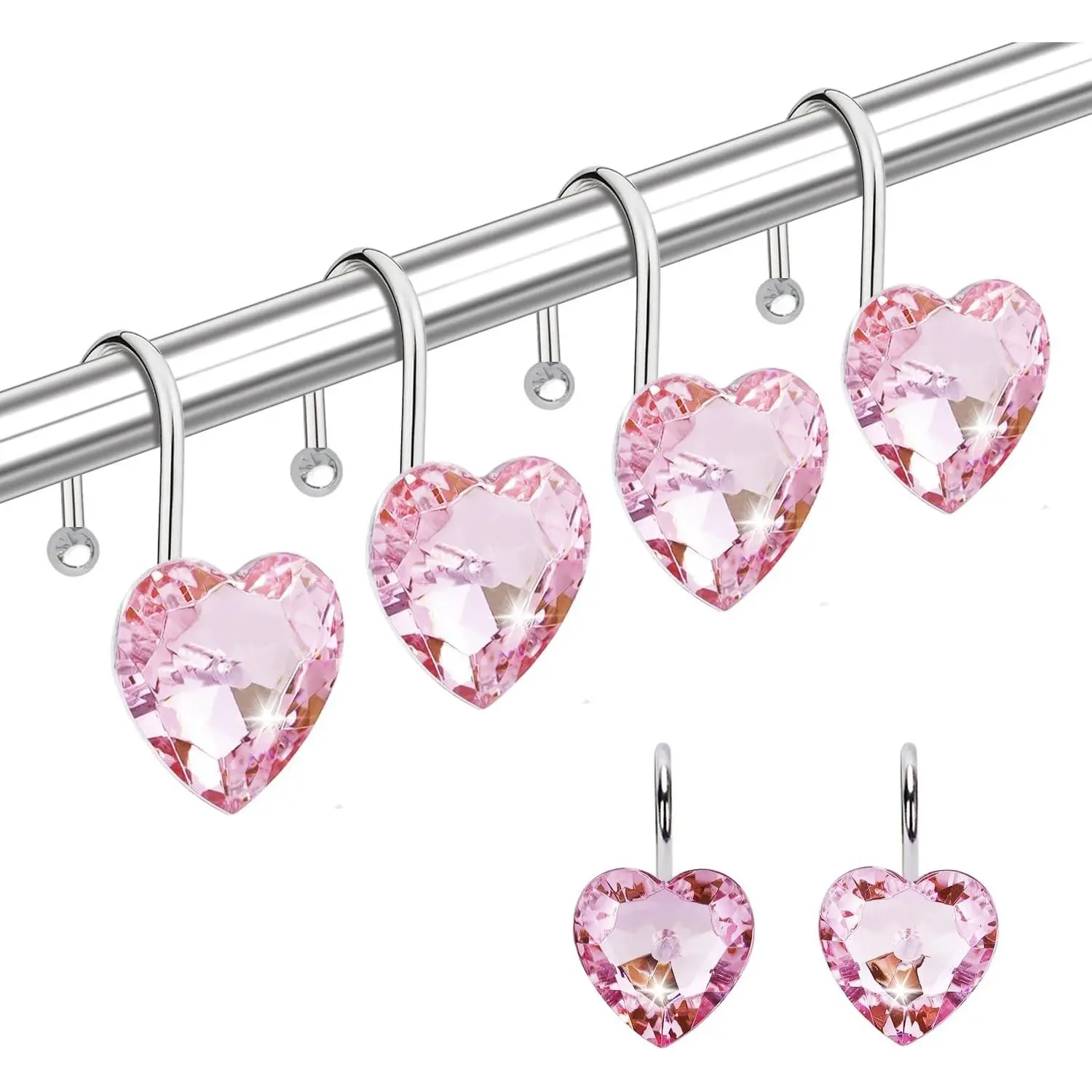 Shower Curtain Hooks Rings for Bathroom, 12PCS Valentines Day Heart Stainless Steel Rust Resistant Decorative Rhinestones Shower Curtain Rings Hangers for Shower Curtains, Clothing, etc.