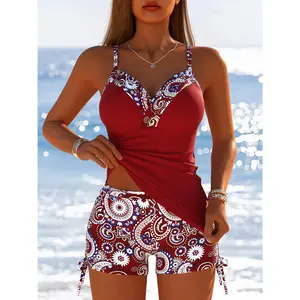 Women's Printed Quick-Dry Two-Piece Tankini Swimsuit, V-Neck Double Thin Strap Ruffled Tummy Control Tank Top, Side Tie High Waist Boyshort Bottoms, Modest Quick-Dry Swimwear for Beach & Pool Vacations