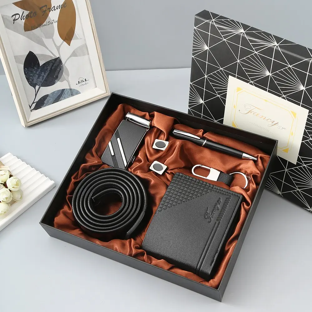 5-Piece Men's Gift Set Boxed, Includes Belt, Wallet, Pen, Cufflinks, Keychain, Perfect for Valentine's Day, Father's Day, Christmas, Birthday
