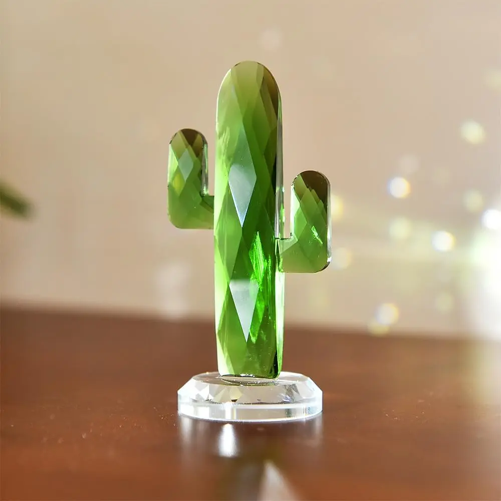 Crystal Cactus Figurine, Glass Figurine Decor for Table & Car | Premium Crystal, Collectible Crystal Craft, Rainbow Maker, Glossy Smooth Surface, Lucky Cactus Symbol