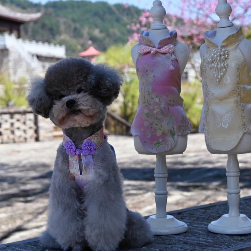 Paws Trendy Pet Spring & Summer Qipao for Dogs & Cats, suitable for Teddy, Bichon Frise and other small dogs. Features embossed fabric with exquisite retro frog buttons, fine workmanship, exuding noble elegance and making your beloved pet stand out.