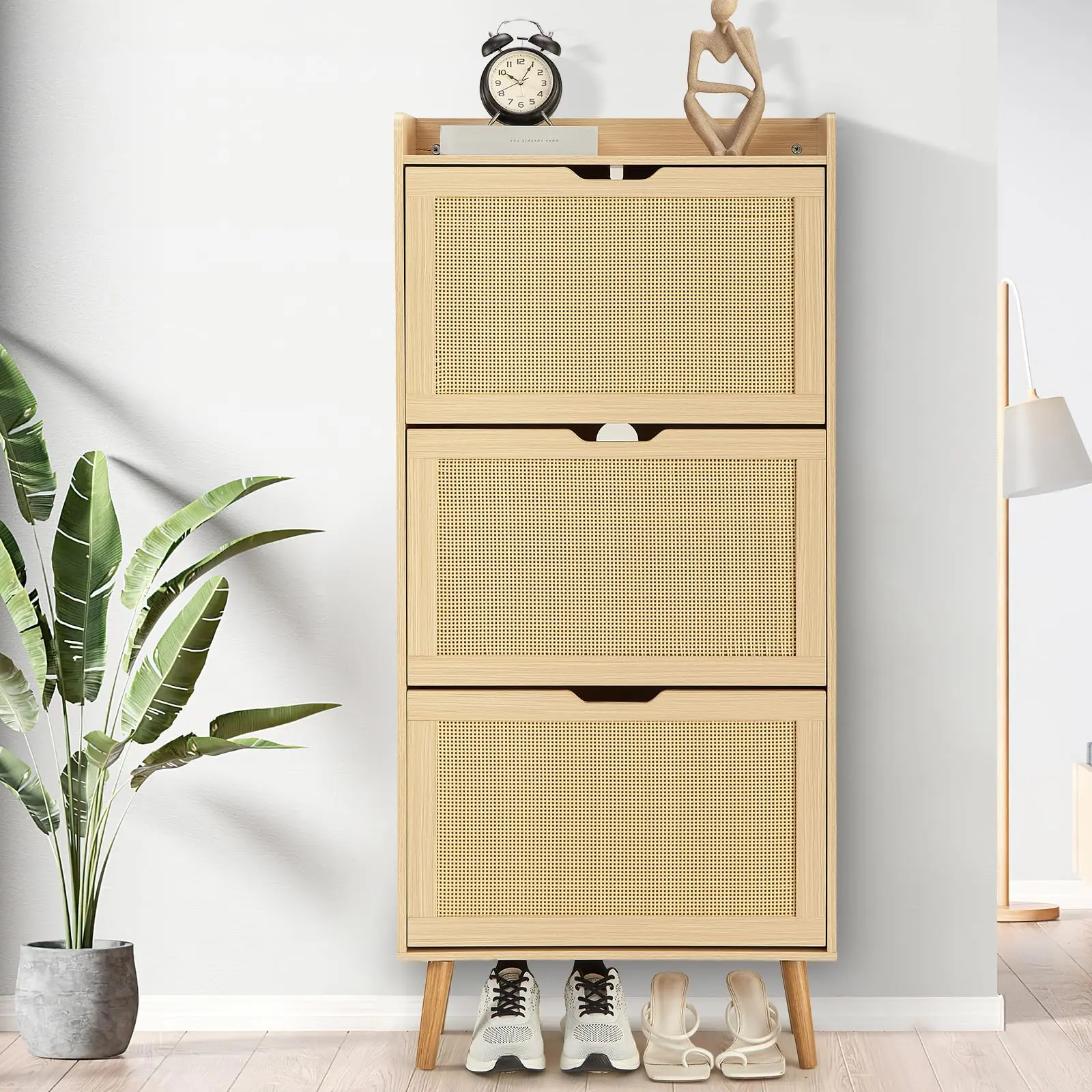 MDF Frame Shoe Organiser with 3 Flip Rattan Drawers, Hidden Storage Shelf, Anti-Tip Design, for Entryway Foyer, Holds 18-20 Pairs of Shoes