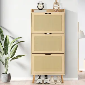 MDF Frame Shoe Organiser with 3 Flip Rattan Drawers, Hidden Storage Shelf, Anti-Tip Design, for Entryway Foyer, Holds 18-20 Pairs of Shoes