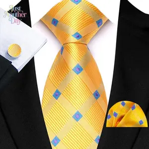 Men's Yellow Plaid Silk Necktie Set - 3-Piece Formal 8cm Wide Tie with Pocket Square & Cufflinks for Wedding, Anniversary, Christmas