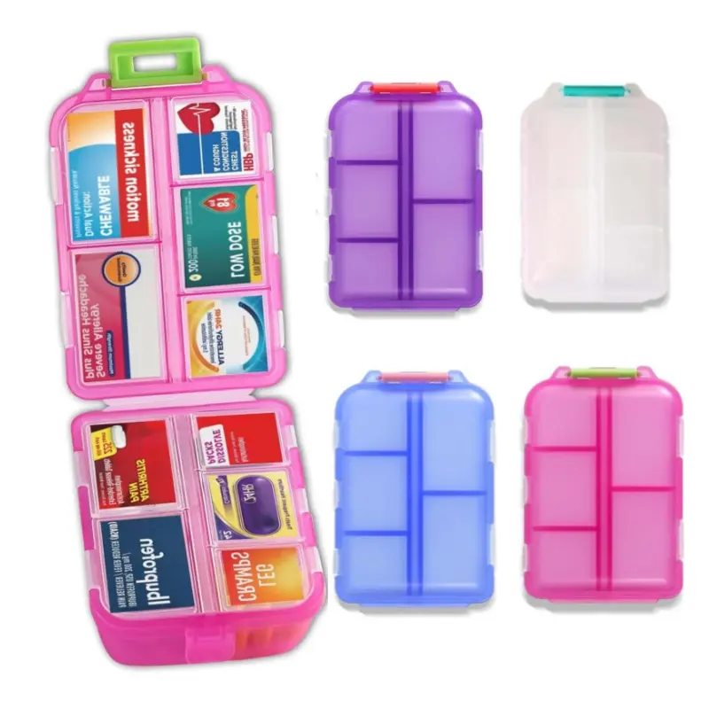 Travel Pill Organizer Box with 300 Labels, 10 Compartment Small Pill Case Medicine Kit, Portable Pocket Purse Pharmacy, Daily Weekly Vitamin Supplement Medication Holder(no pills)-MM1