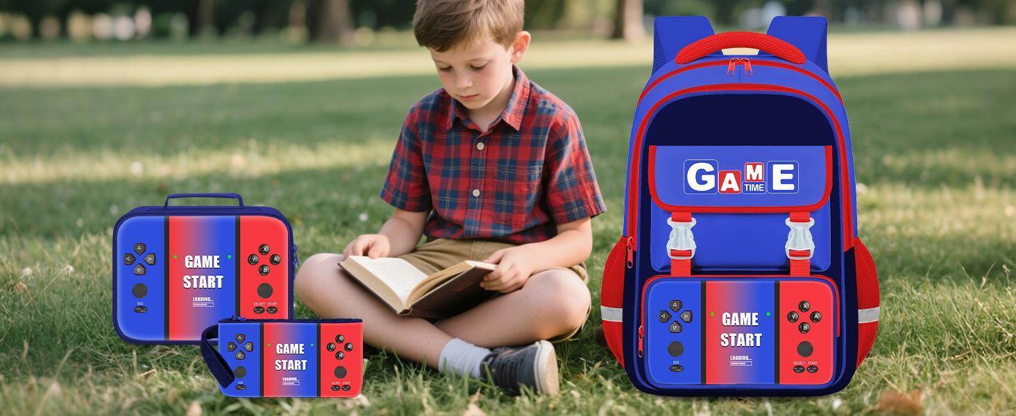 School Backpacks for Boys - 3PCS Gamer Boys Backpack with Lunch Box Set for Kids Teens, Multifunctional Bookbag for Elementary Middle School Students, 17″ Video Game Travel Bag Ages 6-18