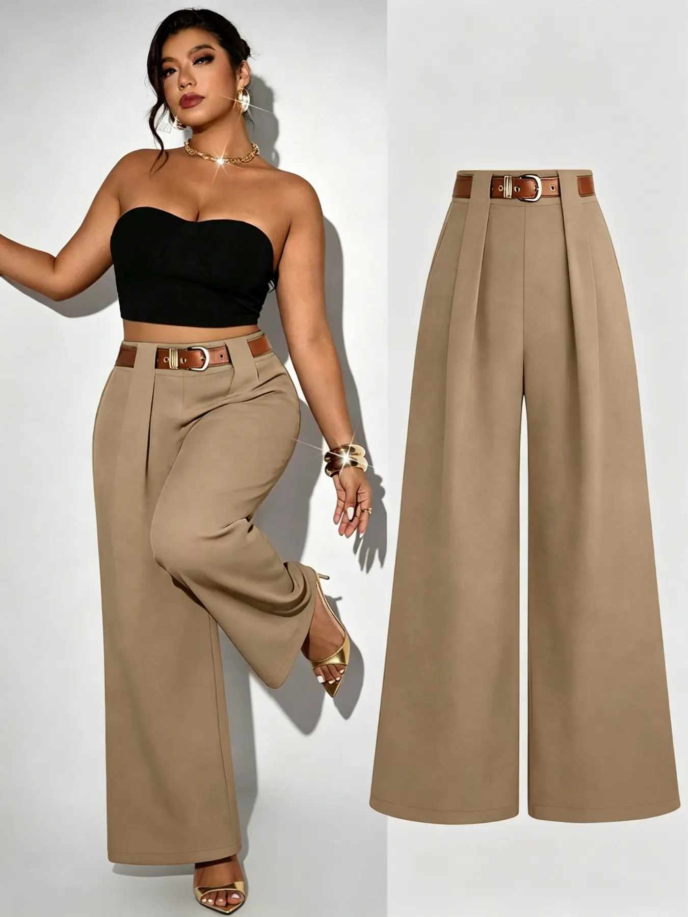 High Waist Belted Wide Leg Suit Pants for Women, Wrinkle-Resistant Straight Leg Trousers, Plus Size Casual Long Pants for Office and Events