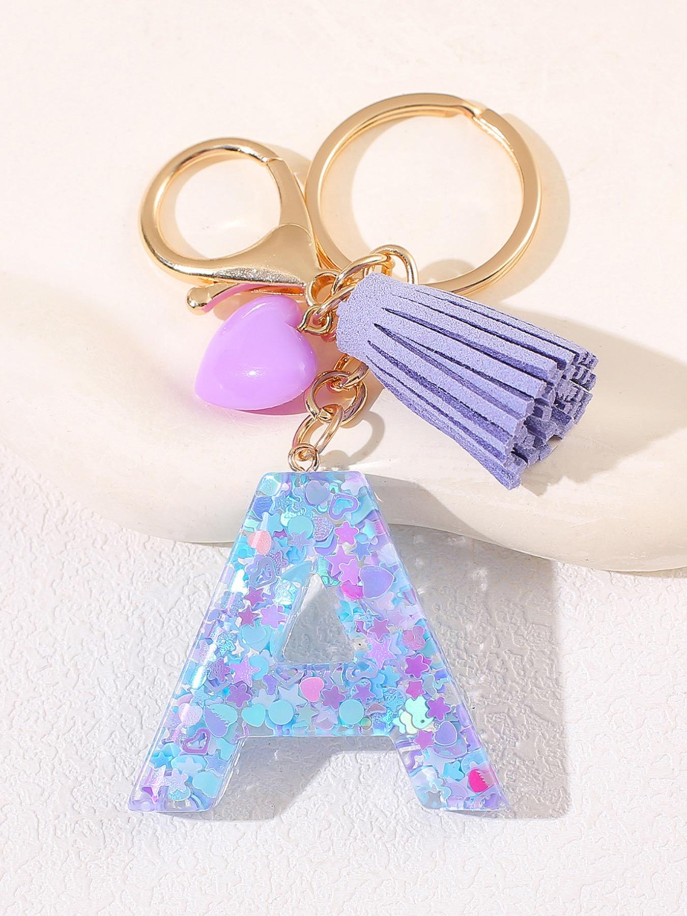 Initials Letter, Cute Heart Tassel Decor Resin Charm with Key Ring, Trendy Cute Keychain, Fashion Accessories for Women & Girls, Unique Gift Idea for Friends and Family