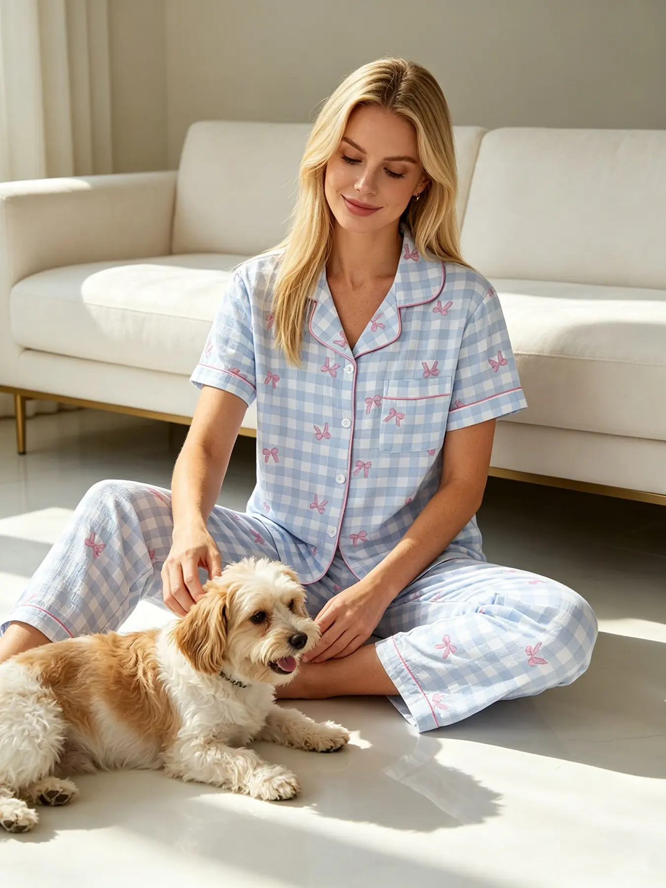 All Season Fresh Light Blue Thin Gingham Line Pink Bow Print Women's Short Sleeve Cardigan & Long Pants Pajamas Set, Wear Year Round, Pink Trim, Mild Fresh Casual Loungewear Outfit For Backyard & Stroll, Matching Pj Set