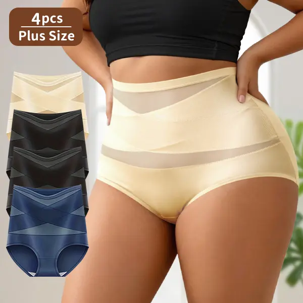 Women's 4Pcs Plus Size Seamless Cross Mesh High-Waist Shaping Panties - Soft Strong Tummy Control, Hip Lifting, Postpartum Recovery, Summer Thin Breathable Fabric Underwear for Curvy Women, 1XL-5XL