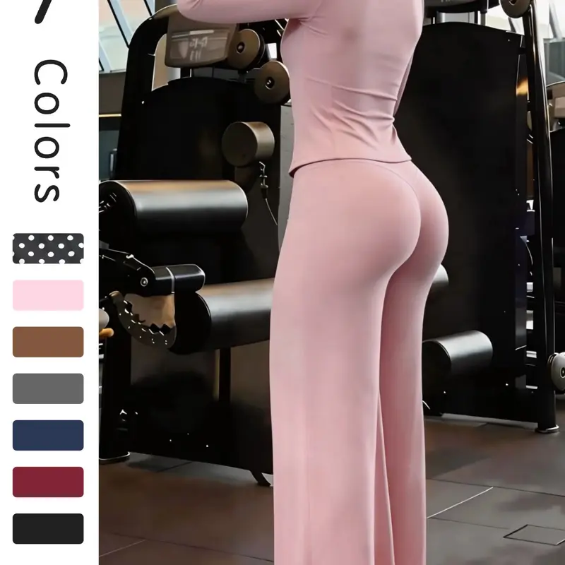 Nude Sensory Solid Color Shaping Stand Collar Zipper Yoga Set, High Elastic Activewear, High Waist Wide Leg Pants, Quick Dry Sporty Two-Piece Women Workout Clothes