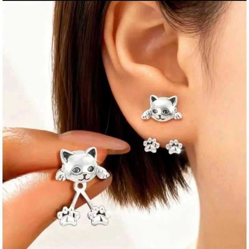 Unisex Cute and Trendy Silver Cat Paw Pendant Stud Earrings - Hypoallergenic, Skin-Safe, Lightweight Anime Cartoon Jewelry for Friends, Casual Use, Sports & Outdoor Accessories, Party, Daily, Fashion