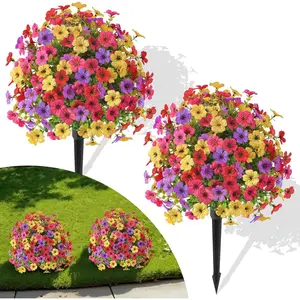 2Pcs 20" Artificial Topiary Ball Flowers, UV Resistant Outdoor Faux Plants with Ground Spikes, Fake Bushes, 4 Colors Mix Spring Summer Decor for Garden, Porch, Patio & Indoor Planters