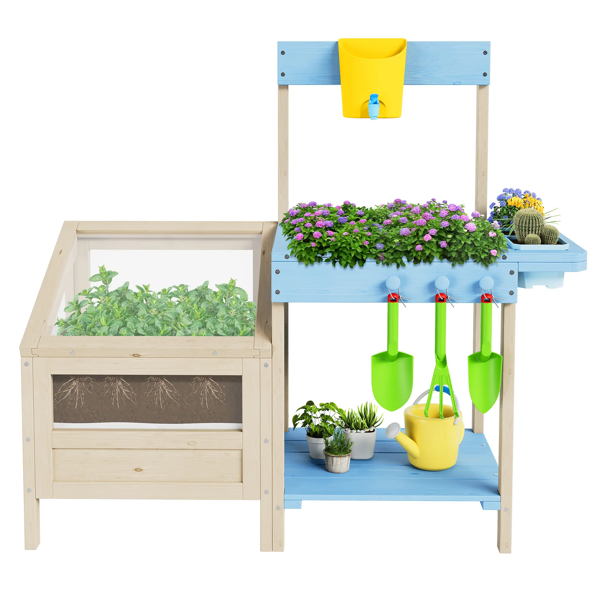 Outdoor Garden Potting Bench Table, All-Weather Garden Table Work Station with Transparent Planter Box, Raised Garden Bed, 3 Side Plant Pots and Storage Shelf for Lawn Garden