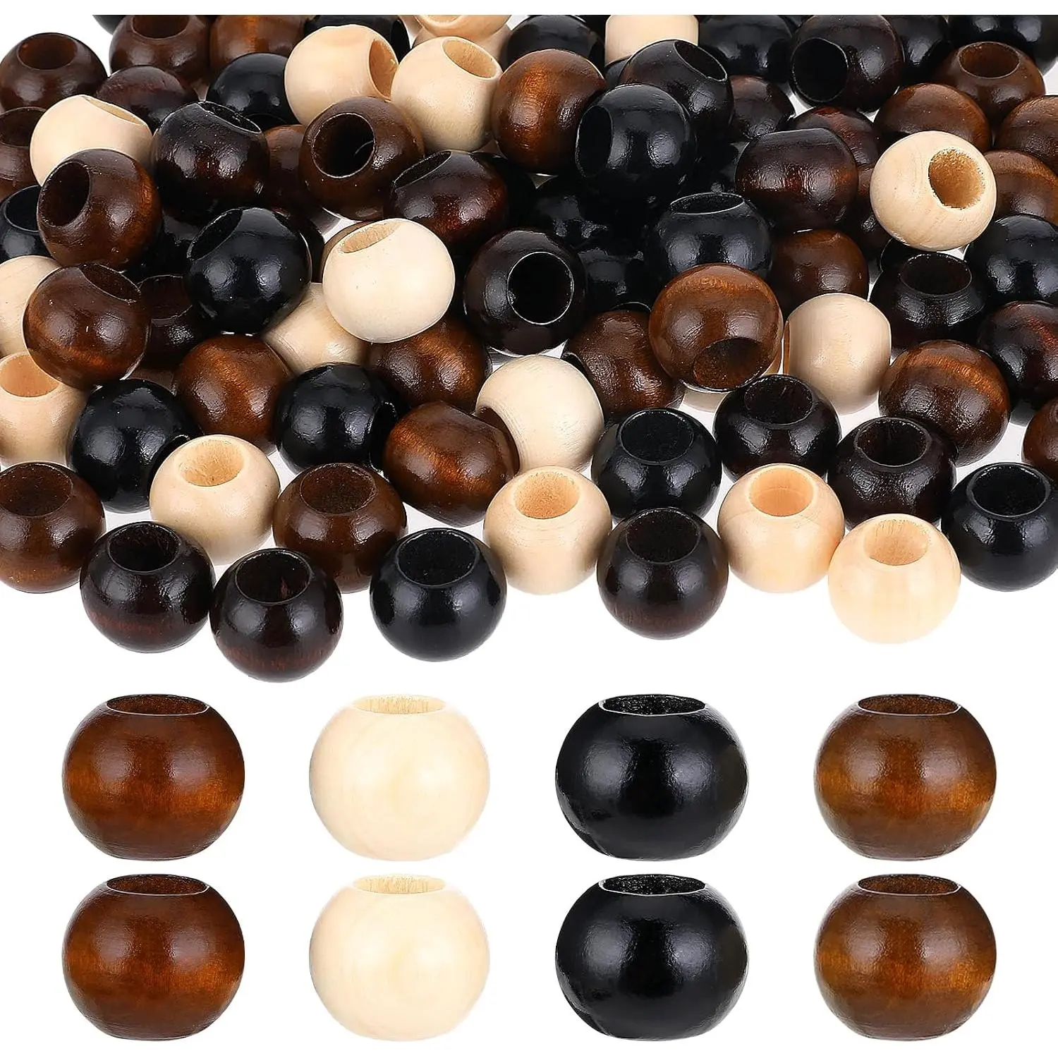 60 count Wooden Beads, 20mm Brown Wooden Macrame Beads, Large Hole Round Craft Beads in 4 Colors, Wooden Craft Beads for  Decor Garlands DIY Crafts Bracelet Necklace Making Supplies (60)