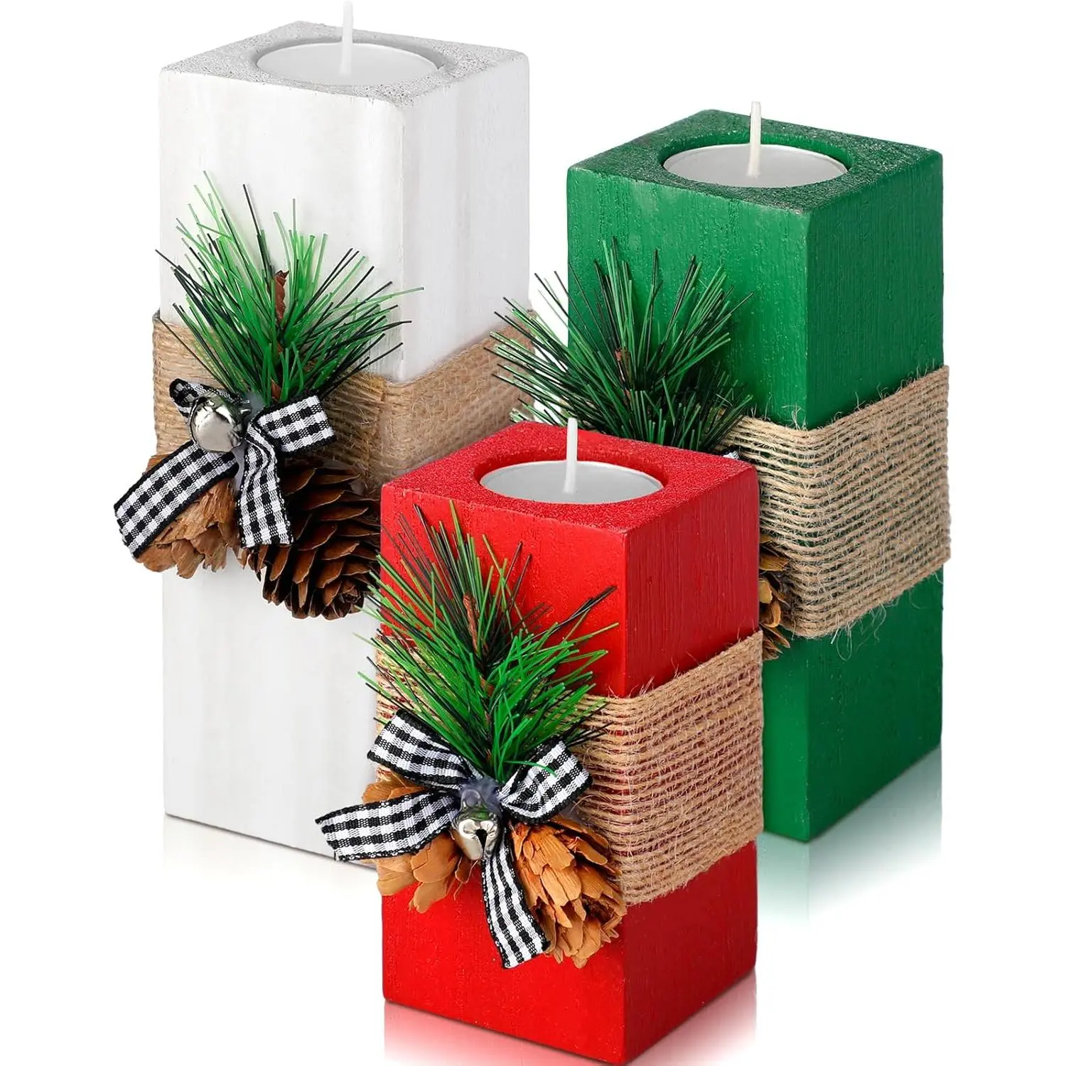 3 Pcs Christmas Candle Holders with Candles Wooden Xmas Tealight Candle Holders Decorations Red White Green Votive Wood Candlestick for Christmas Table Centerpiece Decor Xmas Gifts