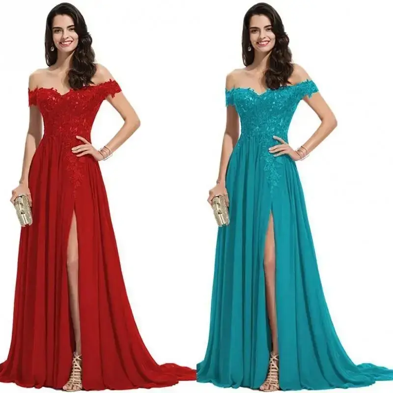 Women's Off Shoulder Long Prom Split Lace Applique Chiffon Formal Cocktail Party Dress