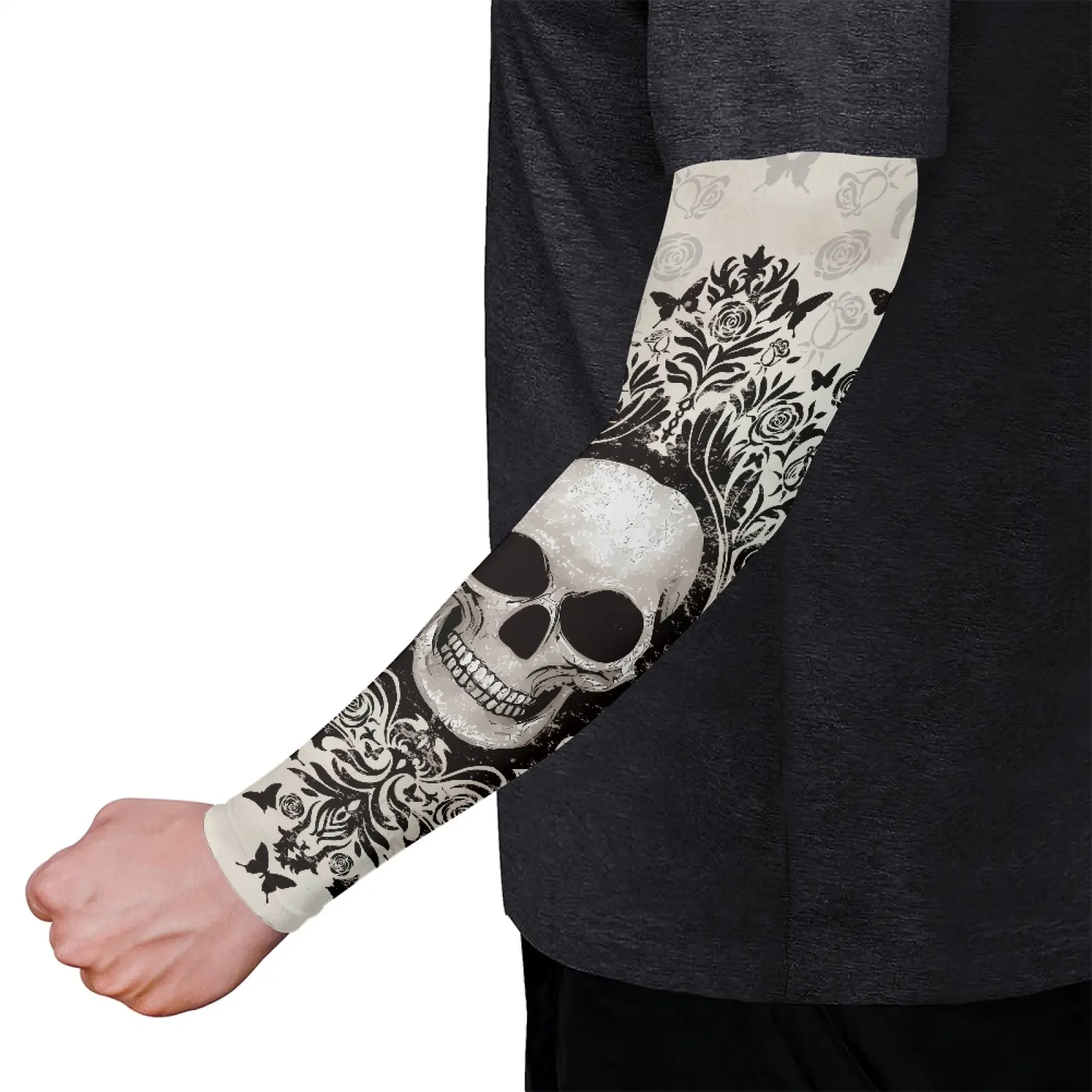 Vintage Gothic Rose Butterfly Skull Motorcycle Cooling Arm Sleeves Retro Distressed UV Sun Arm Sleeves Tattoo Protective Arm Covers, Muted Antique Skull Floral Print UPF50 Sleeves, Stylish Low-key Sweat Wicking Sleeves for Casual City Motorbike Commutes