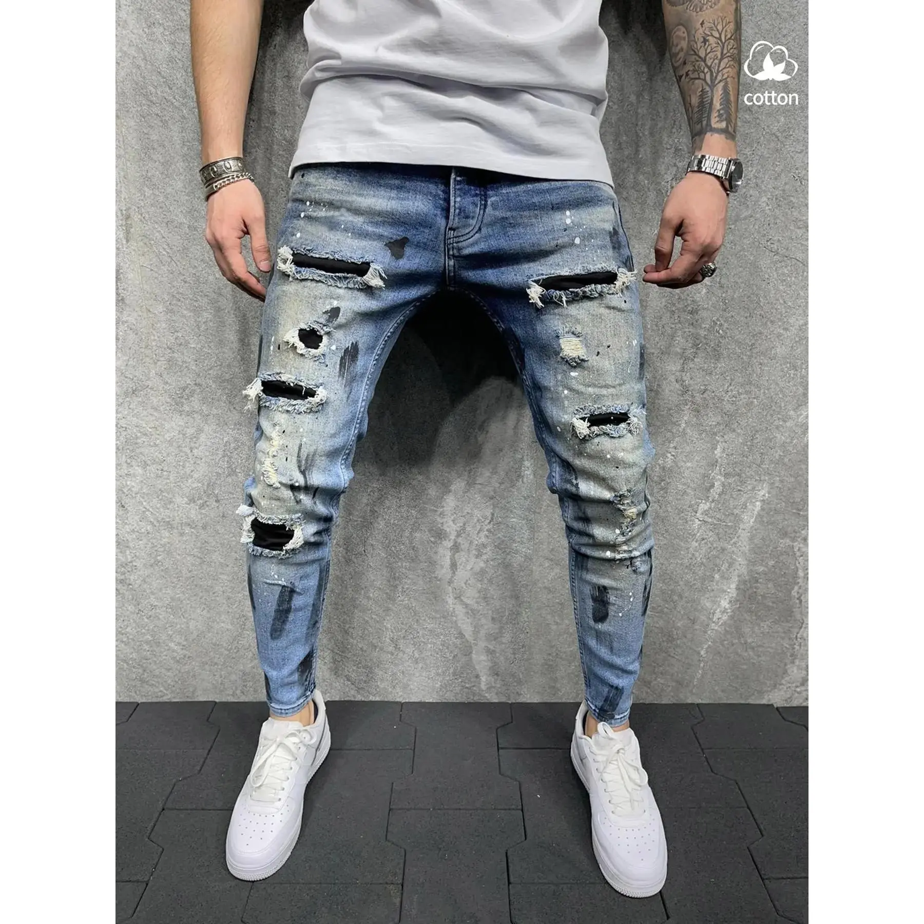 YYT1 Men's jeans, Jeans Vintage Distressed, patchwork jeans with holes, washed jeans Y2K layered pants, differential washed patchwork embroidery casual Streetwear workwear jeans suitable all seasons
