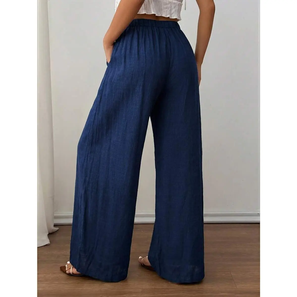 PETITE Autumn Solid Color Low Waist Linen Navy Blue Long Pants, Vacation Beach Long Pants, Loose Linen Long Pants Petite Version Boho