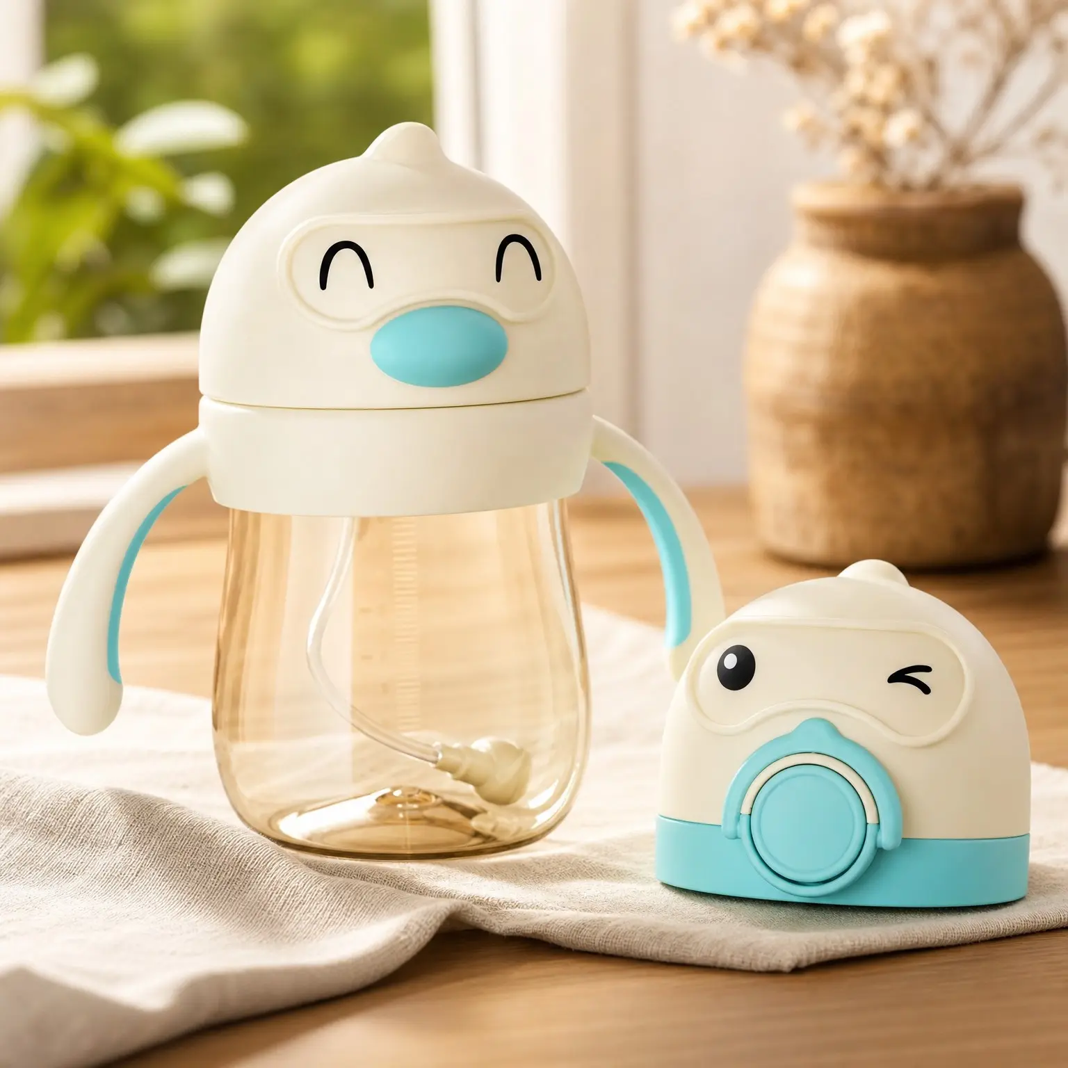 PPSU Weighted Straw Training Cup - 2-in-1 Spout & Sippy Cup | BPA-Free & Spill-Proof Transition Bottle for 6+ Months | Dual Lids, 8oz, Blue(Gift)