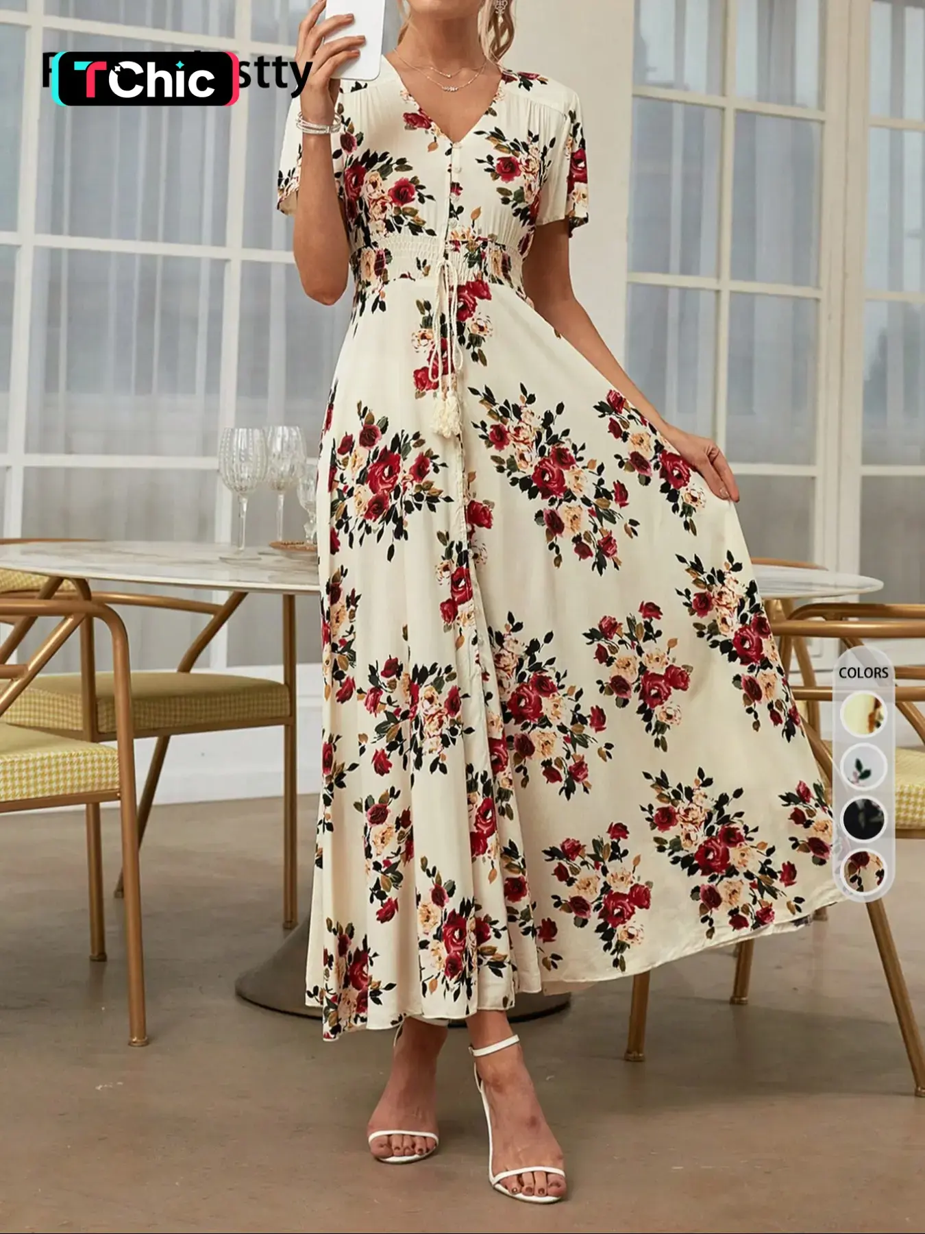 Women's Floral Print Button Front Dress, Boho French Style Casual Short Sleeve Dress for Summer, Women's Clothes for Beach Vacation Holiday