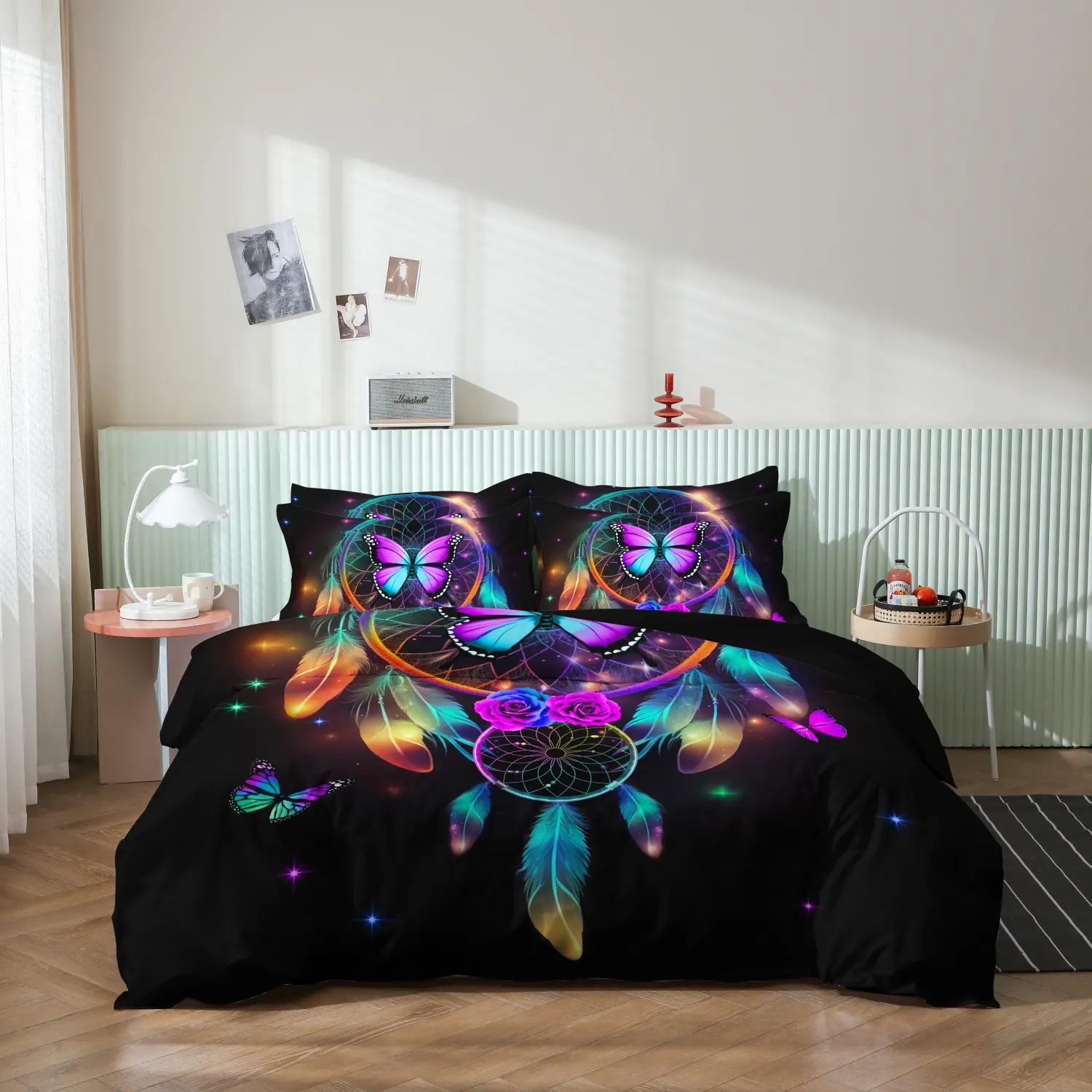  Bohemian Dreamcatcher Butterfly Bedding Print Duvet Cover Set, 3Pcs Black Star Sky Rainbow Feather Purple Rose Print Bedding, Bohemian Home Textile For Bedroom Decor (1 Duvet Cover + 2 Pillowcases, No Comforter No Pillow)