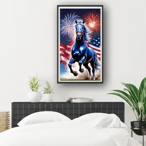 A 2D flat unframed hand-made DIY diamond painting kit - American style featuring running blue horse, fireworks & US flag, perfect for home living room bedroom wall decor